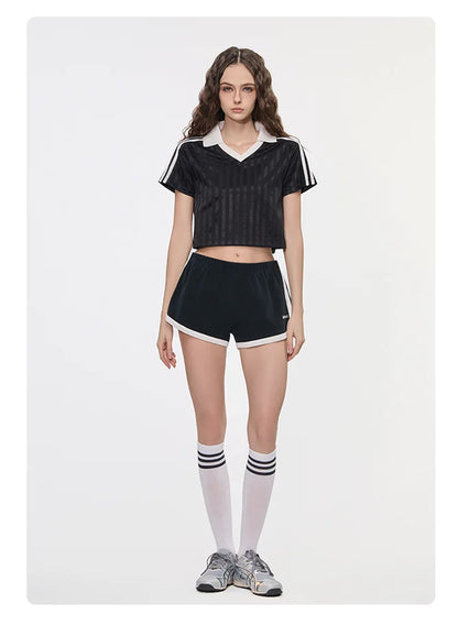 Customized LOGO Women's Spice Girls V-Neck Football Sports T-Shirt Patch Striped Casual Retro Short Sleeve Top