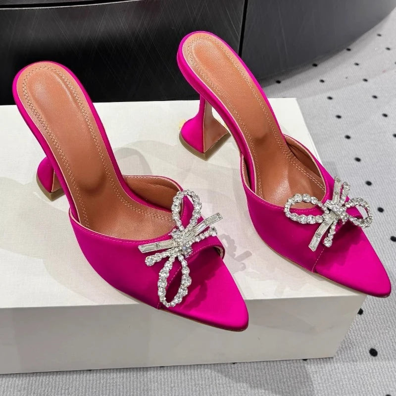 New Bow Rhinestone High-heeled Sandals Sexy Open-toed Fish Mouth Pointed Rear Empty Cool Slippers Women