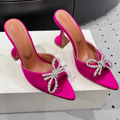 New Bow Rhinestone High-heeled Sandals Sexy Open-toed Fish Mouth Pointed Rear Empty Cool Slippers Women