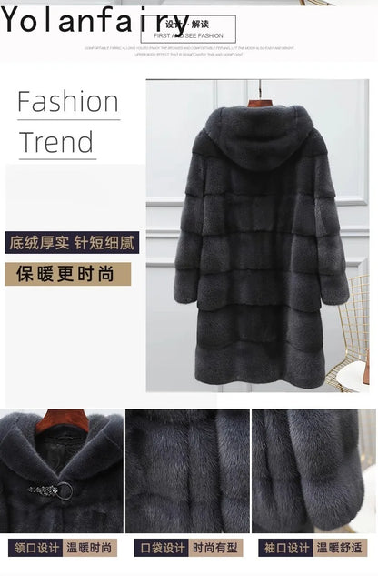 YOLANFAIRY Real Fur Coat Women Winter High Quality Mink Fur Jackets for Women Mid-length Natural Fur Coats Black Mink Jacket