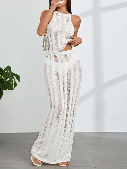 New Sleeveless Crochet Knitted 2 Pieces Suits Tunic Beach Cover Up Cover-ups Beach Dress Beach Wear Beachwear Female Women V6717