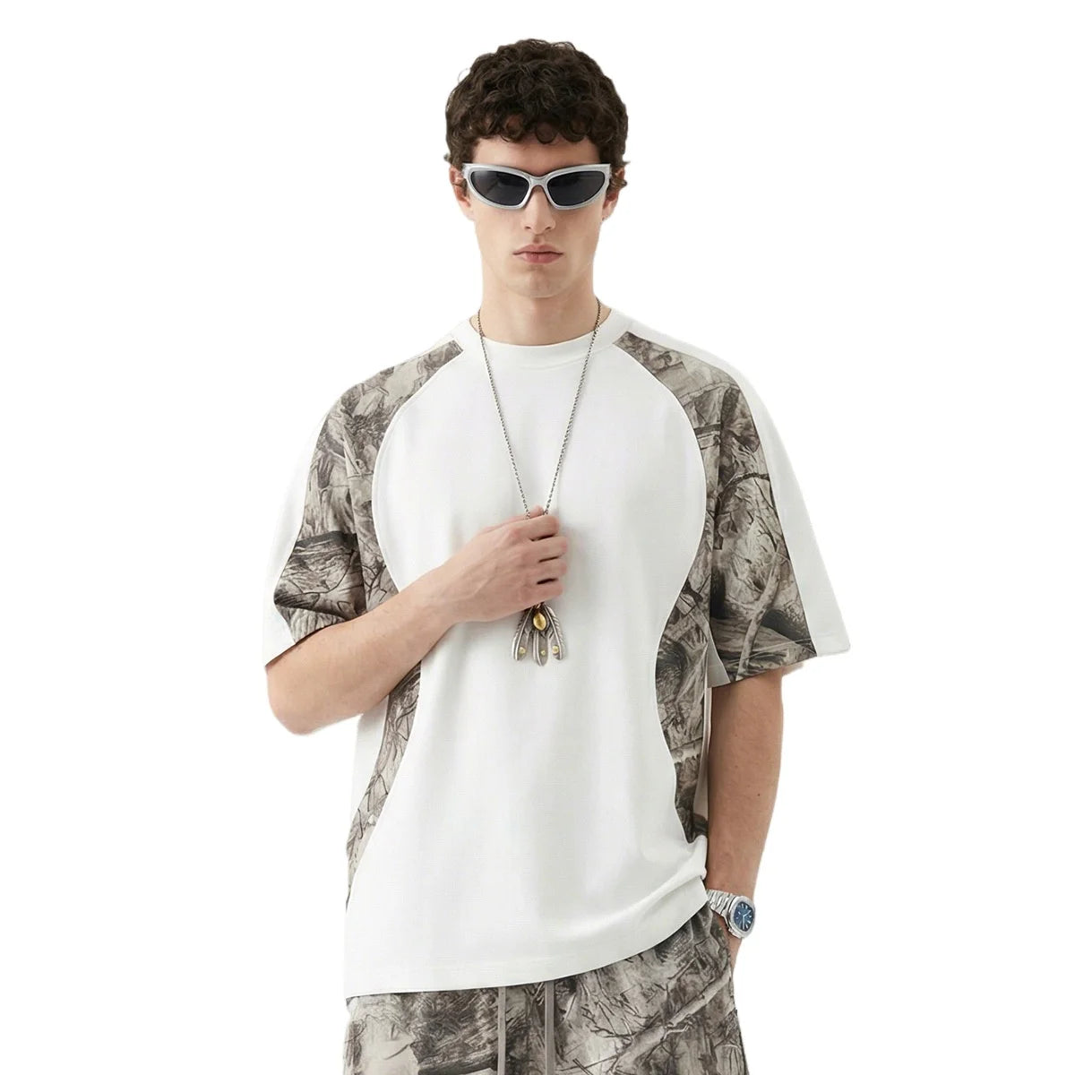 Custom LOGO men's summer camouflage splicing 240G quick-drying cotton polyester short-sleeved T-shirt loose sports shorts set