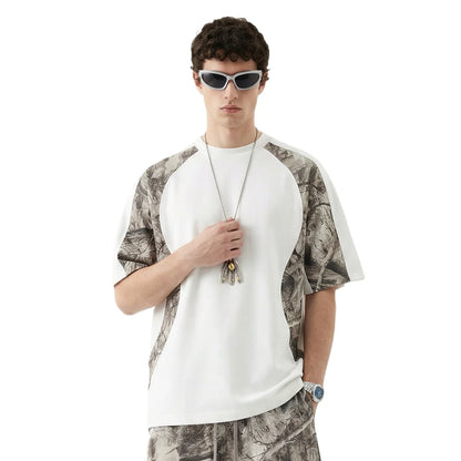 Custom LOGO men's summer camouflage splicing 240G quick-drying cotton polyester short-sleeved T-shirt loose sports shorts set