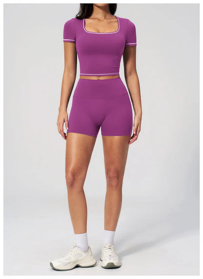 TRY TO BN 2 Pieces Women's Tracksuit Yoga Short Sleeves Top Sets High Waist Shorts Contrasting Color Running Fitness Gym Clothes