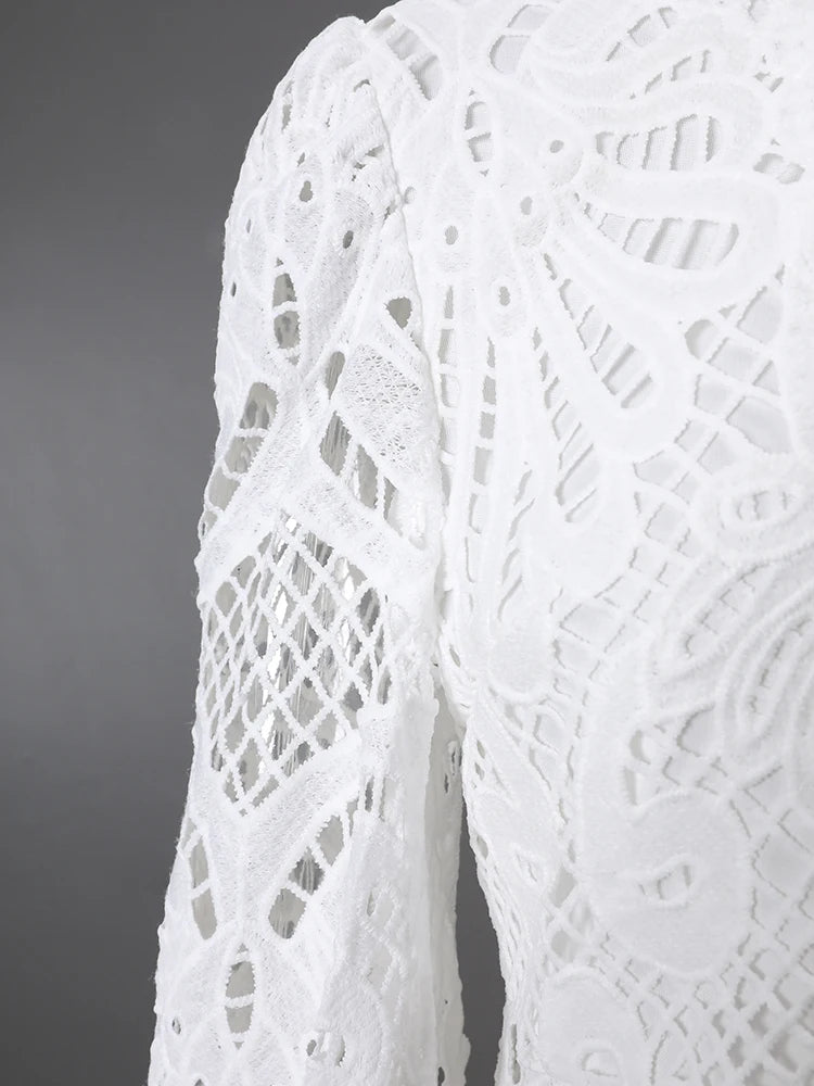 DEAT Fashion White Stand Collar Lantern Long Sleeve Water-soluble Lace Dress A-line Ruffle Hollow Party Mini Dresses Summer New