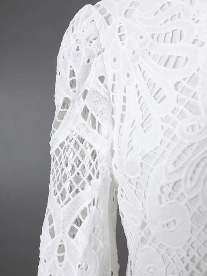 DEAT Fashion White Stand Collar Lantern Long Sleeve Water-soluble Lace Dress A-line Ruffle Hollow Party Mini Dresses Summer New
