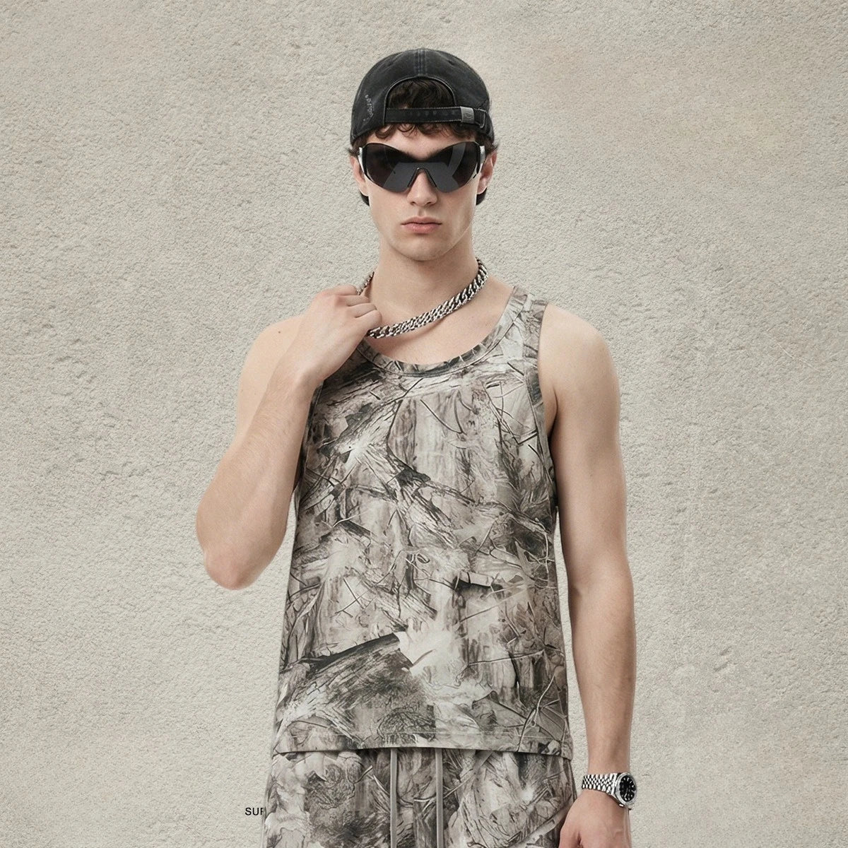 Custom LOGO men's 315G cotton polyester summer American street camouflage loose sports vest shorts outdoor fitness set
