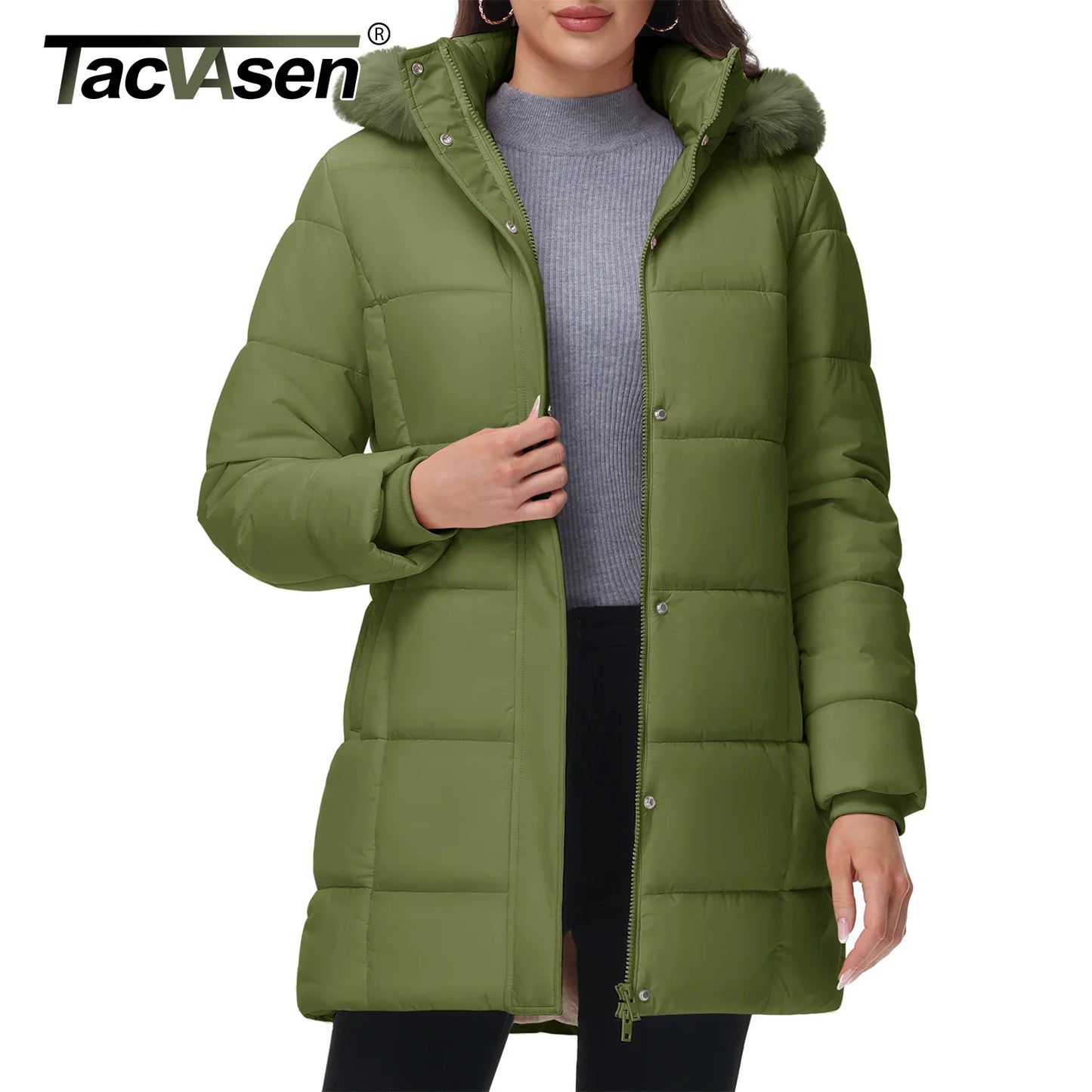 TACVASEN Womens Fleece Long Padding Winter Jacket Down Puffer Outwear with Removable Hood Waterproof Windproof Thicken Park Coat
