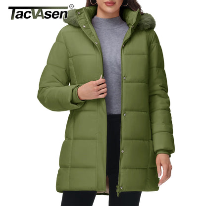 TACVASEN Womens Fleece Long Padding Winter Jacket Down Puffer Outwear with Removable Hood Waterproof Windproof Thicken Park Coat