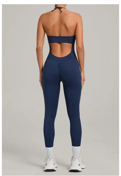 Women's Yoga Jumpsuits Sports Fitness One-piece Beauty Back Strap Pocket Hip-lifting Slim Fit Running Workout Training Bodysuits