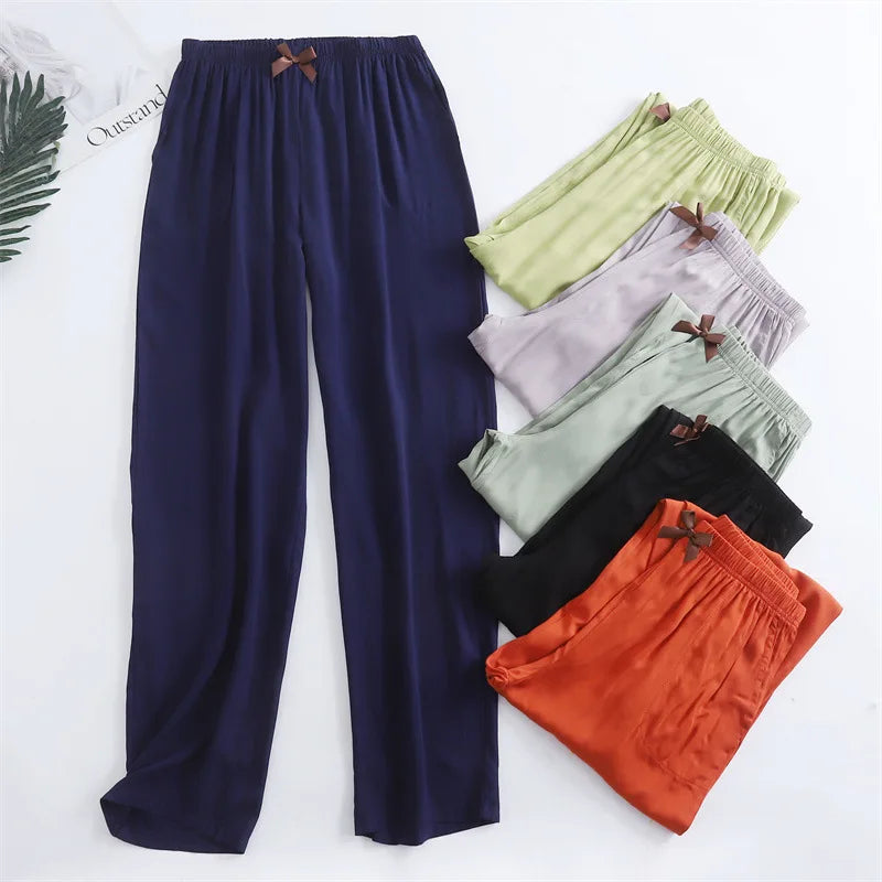 Spring and summer new women's trousers 100% viscose leg + straight casual breathable comfortable plus size home sleep pants cute