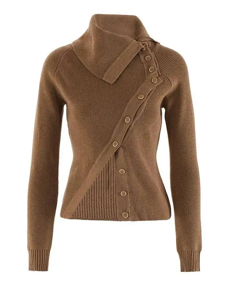 DEAT Fashion Brown Irregular Knitted Tops Women's Turtleneck Slim Fit Button Long Sleeves Short Sweater Autumn New