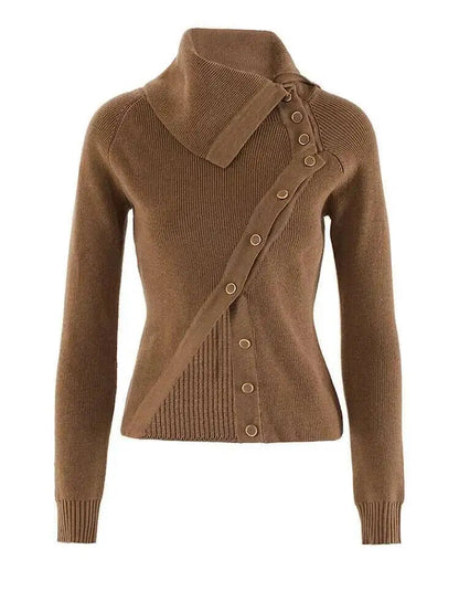 DEAT Fashion Brown Irregular Knitted Tops Women's Turtleneck Slim Fit Button Long Sleeves Short Sweater Autumn New