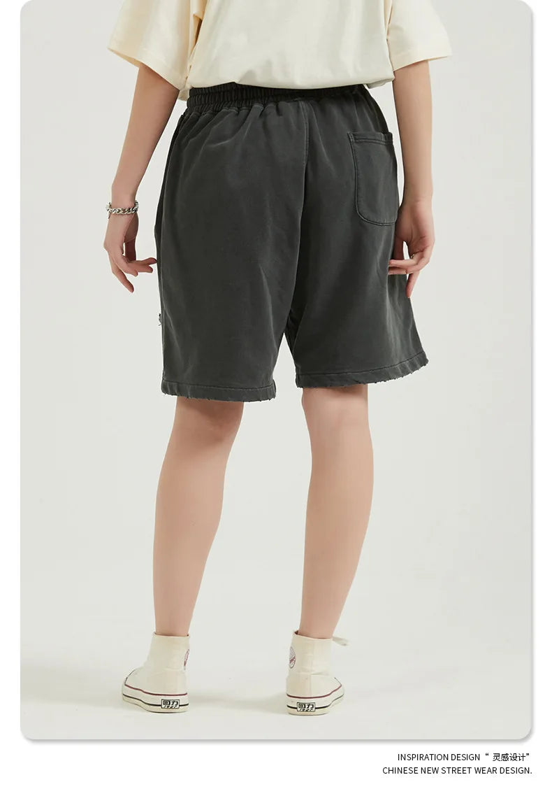 Customized LOGO Men's Heavy 100% Cotton High Street Wind Wash Old Loose Cut Couple Retro Shorts