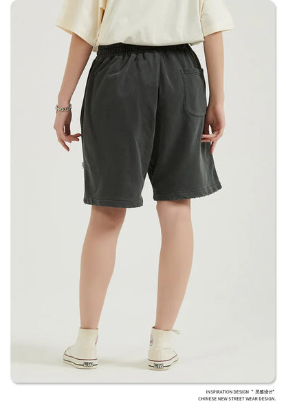 Customized LOGO Men's Heavy 100% Cotton High Street Wind Wash Old Loose Cut Couple Retro Shorts