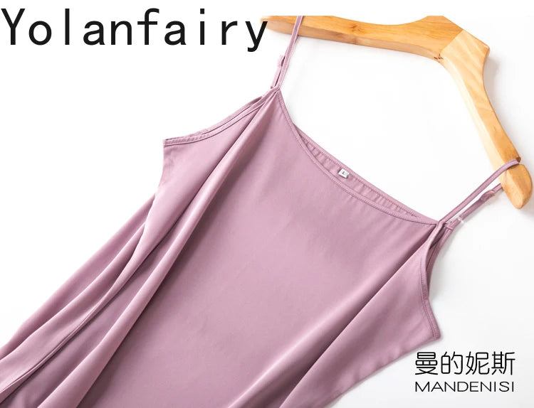 YOLANFAIRY 19momme 93% Mulberry Silk Spaghetti Strap Dress for Women Elegant Mid-length Sexy Real Silk Summer Dresses Woman 원피스