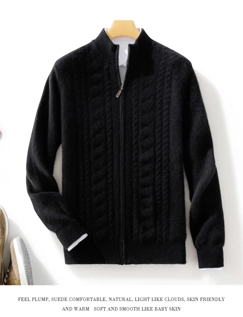 High Quality Men Mock Collar Twisted Cardigan Autumn Winter Thick Zipper 100% Merino Wool Sweater Casual Coat Cashmere Knitwear
