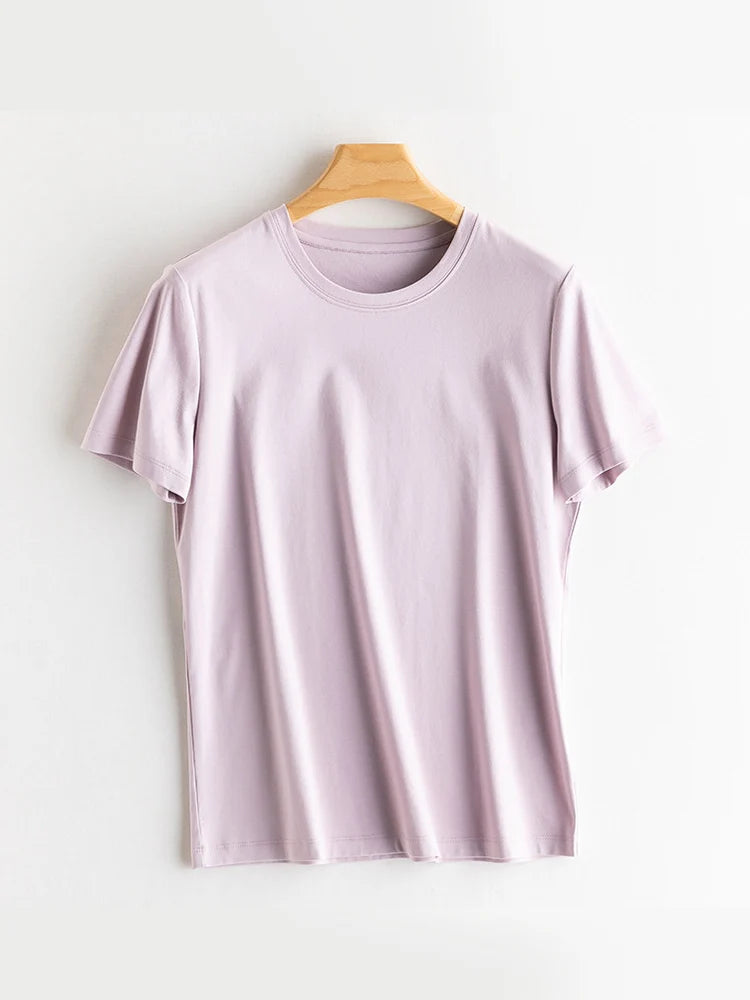 SuyaDream Women Solid T shirts, Silk Cotton Blend, O Neck, Short Sleeved Solid Tee,2025 Summer Candy Colors Basic Cozy Top Green