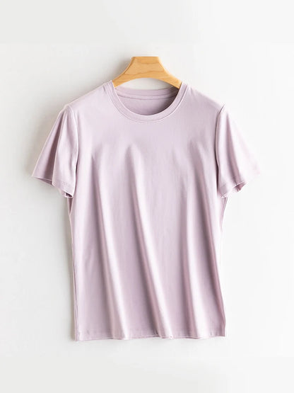 SuyaDream Women Solid T shirts, Silk Cotton Blend, O Neck, Short Sleeved Solid Tee,2025 Summer Candy Colors Basic Cozy Top Green