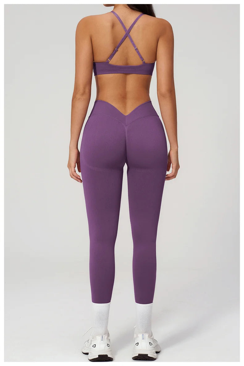 TRY TO BN Women Tracksuit 2 Piece Yoga Set Cross Bra High Waist V Waist Leggings Tummy Control Butt Lifting Workout Running Gym