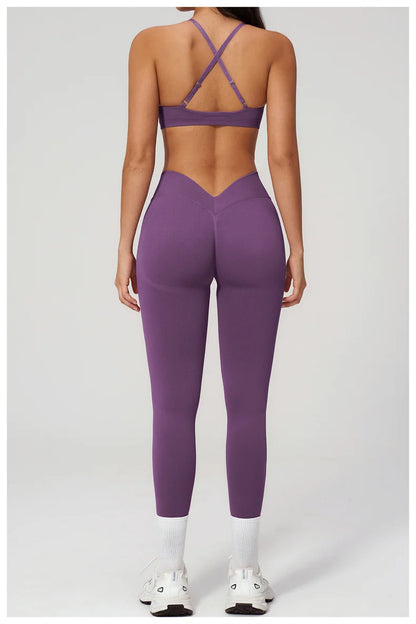TRY TO BN Women Tracksuit 2 Piece Yoga Set Cross Bra High Waist V Waist Leggings Tummy Control Butt Lifting Workout Running Gym