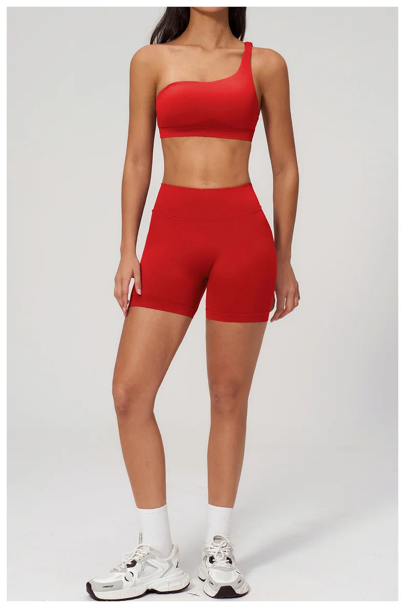 TRY TO BN Seamless Two Pieces Women's Tracksuit Yoga Shorts Set One-shoulder Hollow Backless Fitness Running Workout Gym Clothes