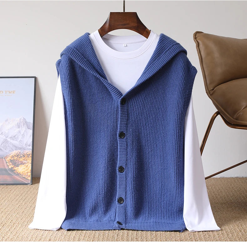 2025 Autumn/Winter Men's Vest 100% Merino Wool Knit Hooded Cardigan Casual Loose Sleeveless Solid Color Men's Cashmere Sweater