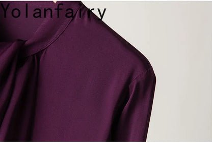 YOLANFAIRY 93% Real Mulberry Silk Shirts for Women Spring 2026 Elegant Solid Long Sleeve Shirt Woman Top Ribbon OL Blouses Trend