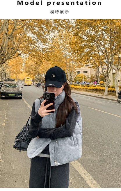 Short Down cotton Vest Women's 2025 Korean Fashion New Stand-up Sleeveless Zipper Student Vest Jacket Black Gray Waistcoat Tide