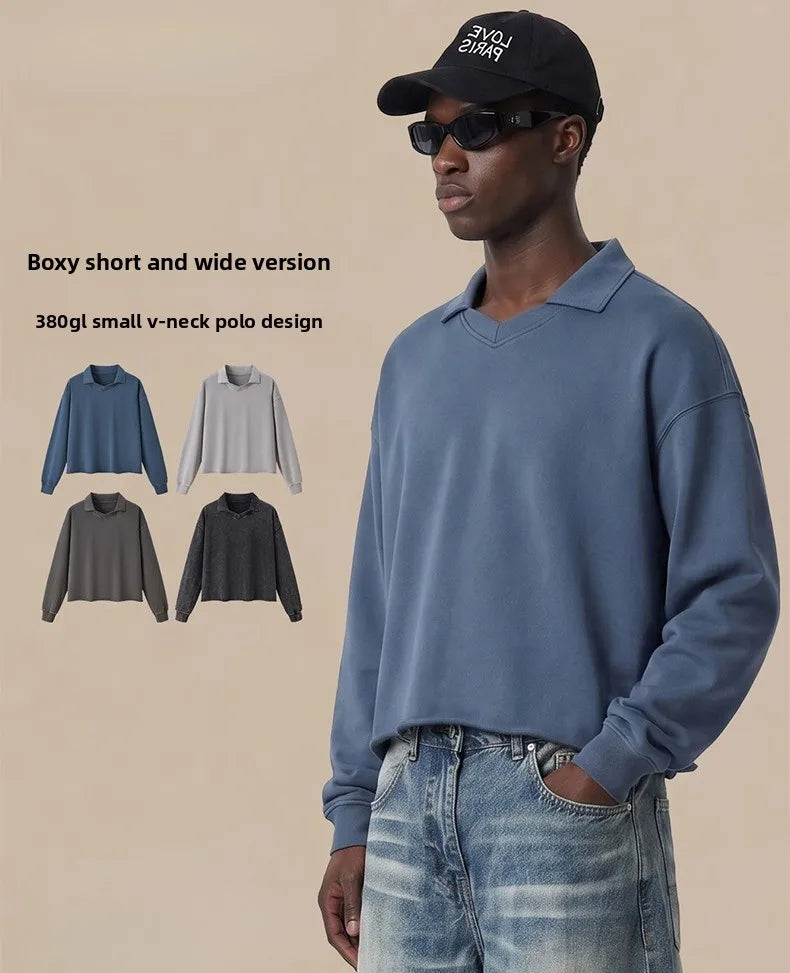 Custom LOGO men's clothing 380G old money wind 100% cotton BOXY short and wide washed old small V-neck curling terry sweater