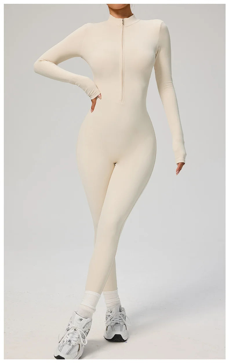 TRY TO BN Women's Jumpsuit Long Sleeve Zipper Shapewear Bodysuit Yoga Fitness One Piece Tights Gym Clothing Mono Deportivo Mujer