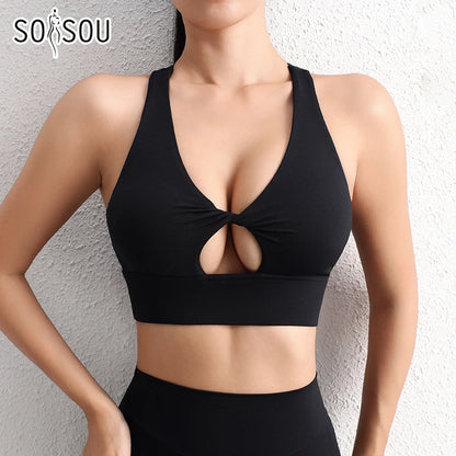 SOISOU Halter Neck Yoga Crop Top Bra Gym Sport Sexiest Bra Chest Pad Removable Elastic Tight Breathable Top Women 6 Colors
