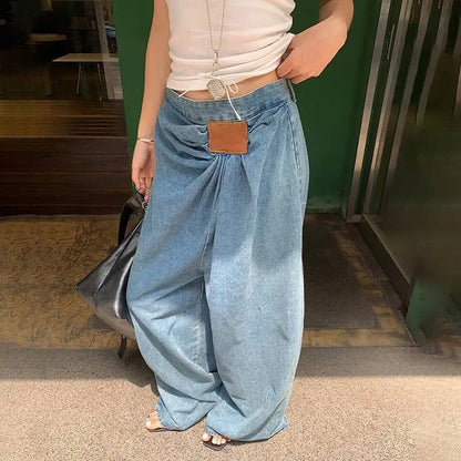 DEAT Fashion Folds Design Sense Jeans Women's High Waist Loose Wide Leg Blue Denim Pants Summer New Tide 7AB9503