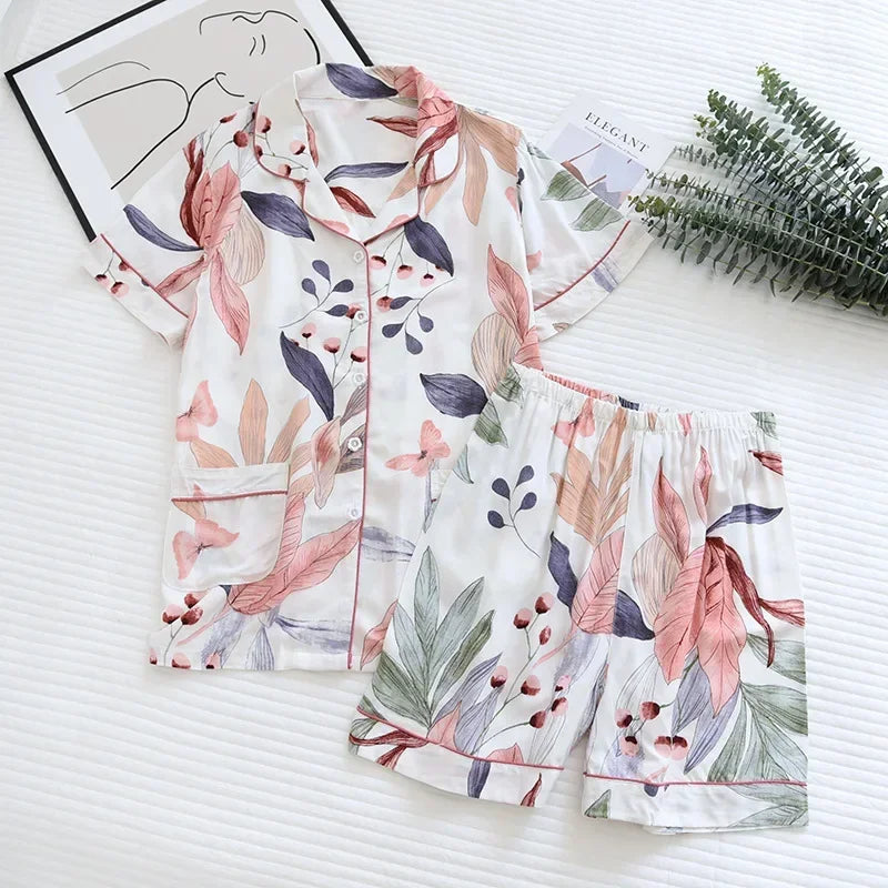Summer new ladies 100%viscose pajama set short-sleeved shorts thin section home service loose large size two piece set plus size