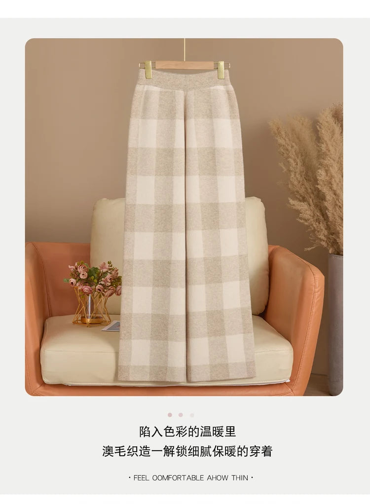 DjzDsm Autumn and Winter New Women's 100% Merino Wool Thickened High Waist Knitted Wide Leg Pants Four Flat Casual Plaid Pants