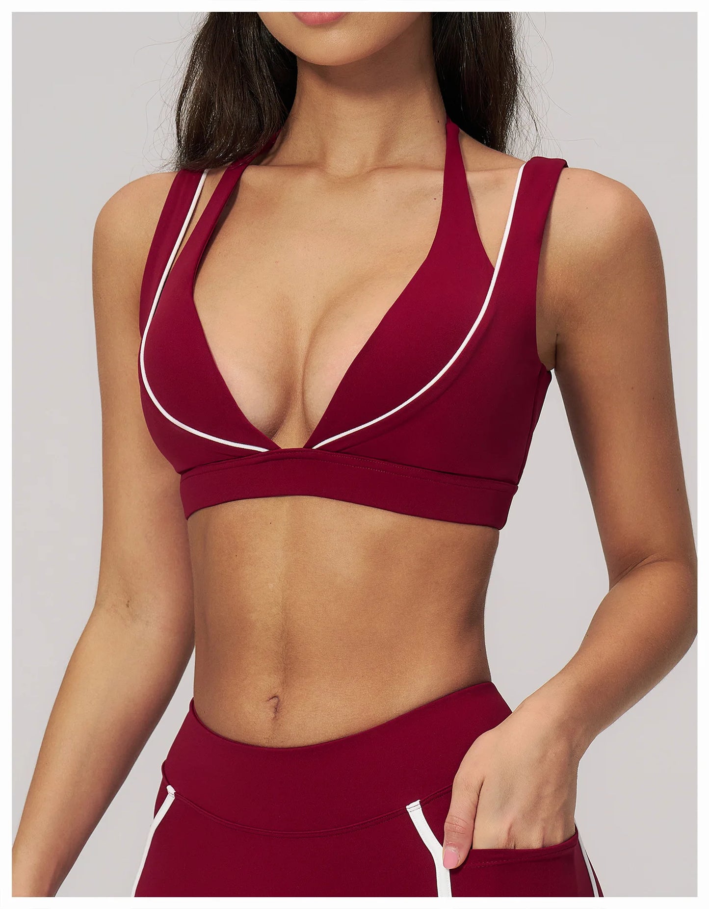 Color Contrast Deep-V Sports Bra Women's Gym Fitness Yoga Top Backless Breathable Sports Underwear Female Push Up Workout Top