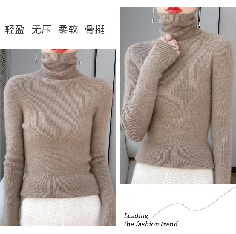 100% Merino Wool Long-sleeved Turtleneck Pullover Women's Autumn Winter Slim Sweater Basic Women's Clothes Cashmere Sweater