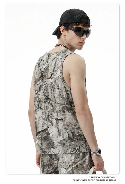 Custom LOGO men's 315G cotton polyester summer American street camouflage loose sports vest shorts outdoor fitness set