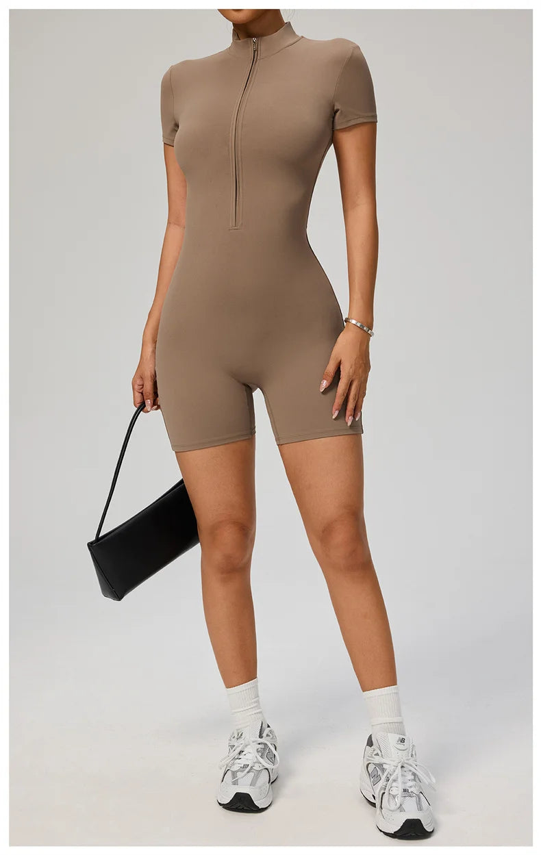 TRY TO BN Sports Jumpsuit Zipper Short Sleeves Yoga Sportswear Fitness Workout Bodysuit One Piece Suits Tights Gym Woman Clothes
