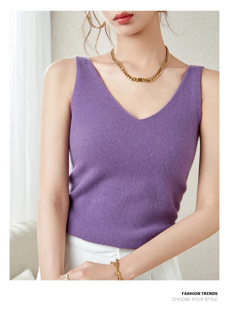Women's Spring and Autumn 2026 New 100% Merino Wool V-Neck Pullover Knitted Suspender Casual Soft Inner Vest Women's Clothing