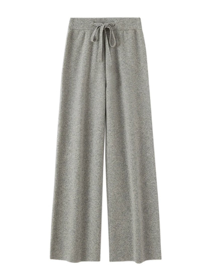 Autumn Winter Fashion Basic Women 100% Merino Wool Wide Leg Pants  Simple Style Cashmere Knitted Trousers Loose Casual Pants