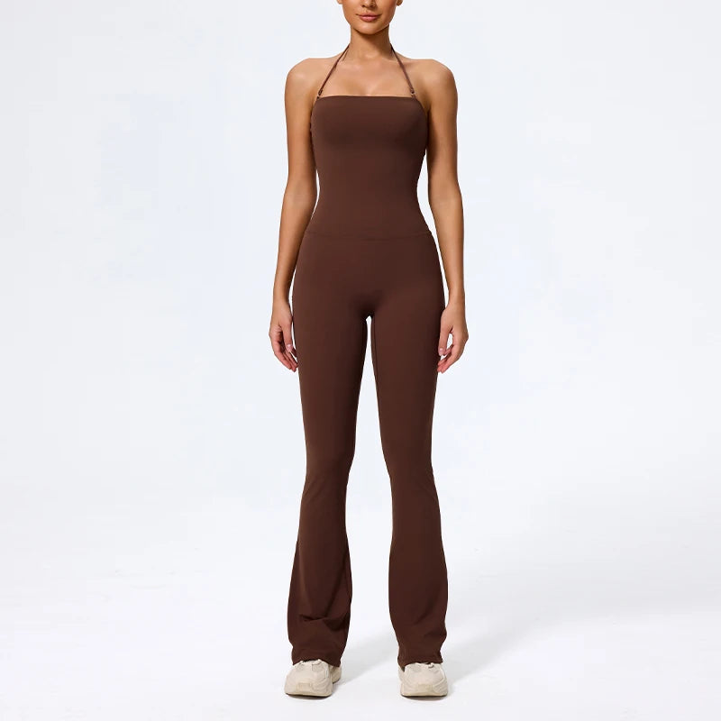 New Summer Women Sleeveless Hang Neck Jumpsuit Backless Flared Activewear Female Yoga Clothes Sport Outfit For Woman Overalls