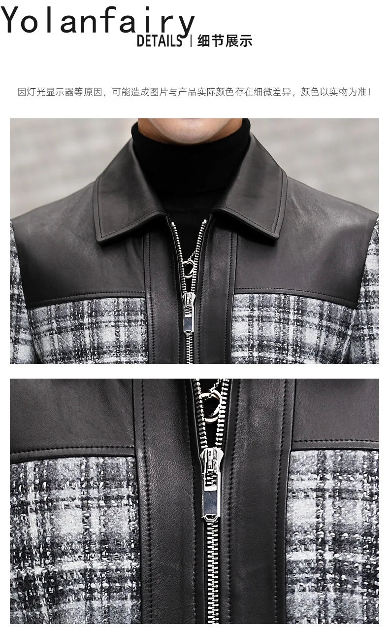 YOLANFAIRY Plaid Wool Spliced Genuine Sheepskin Jacket for Man Spring Autumn Short Woolen Coat Turn Down Collar abrigo hombre