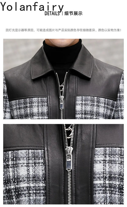 YOLANFAIRY Plaid Wool Spliced Genuine Sheepskin Jacket for Man Spring Autumn Short Woolen Coat Turn Down Collar abrigo hombre