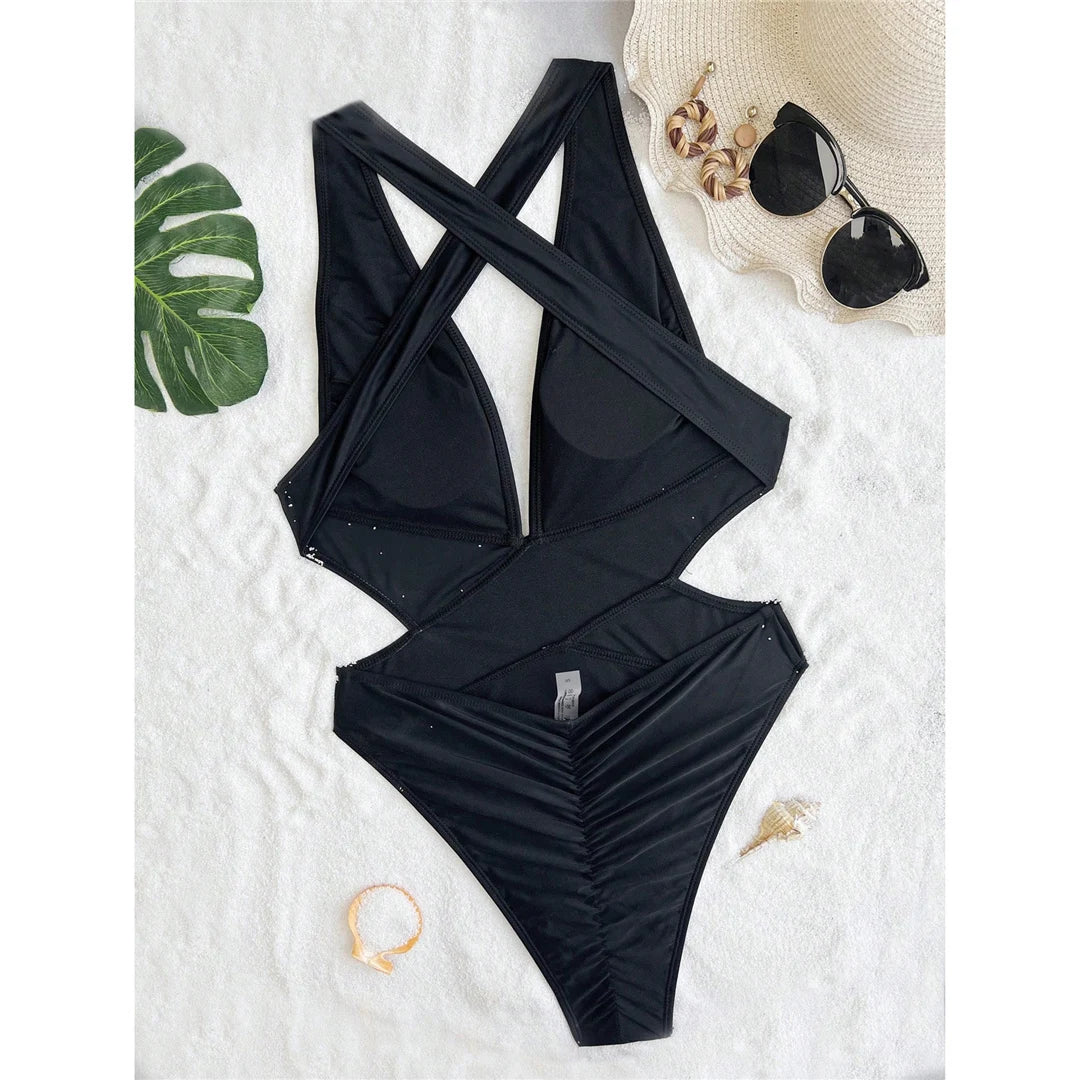 S - XL Deep V Neck Cross Back One Piece Swimsuit Women Swimwear Female High Leg Cut Scrunch Butt Bather Bathing Suit Swim V5723