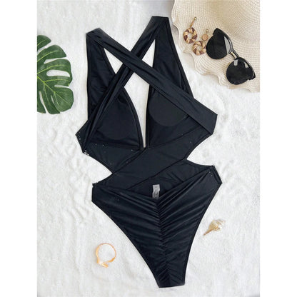 S - XL Deep V Neck Cross Back One Piece Swimsuit Women Swimwear Female High Leg Cut Scrunch Butt Bather Bathing Suit Swim V5723