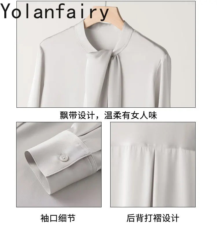 YOLANFAIRY 93% Real Mulberry Silk Shirts for Women Spring 2026 Elegant Solid Long Sleeve Shirt Woman Top Ribbon OL Blouses Trend