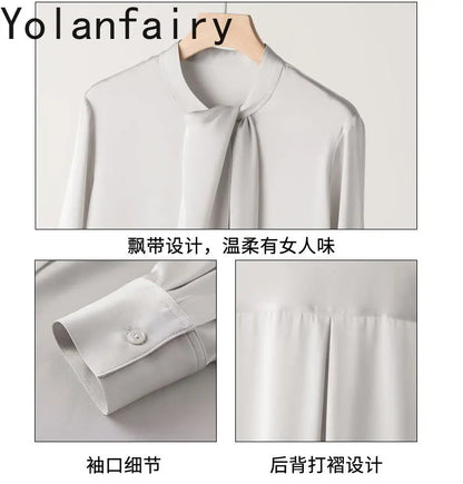 YOLANFAIRY 93% Real Mulberry Silk Shirts for Women Spring 2026 Elegant Solid Long Sleeve Shirt Woman Top Ribbon OL Blouses Trend