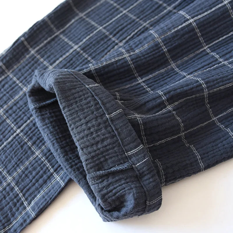 New men's plaid home service suit 100% cotton crepe cloth pajamas long-sleeved trousers simple two-color plus size home service