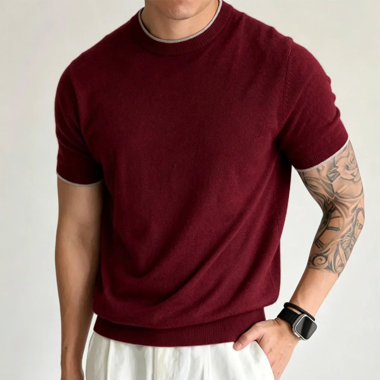 Light Luxury Cashmere Blend Anti Pilling Knitted Short Sleeved Round Neck T-shirt for Men, Retro Casual Business Summer Shirt